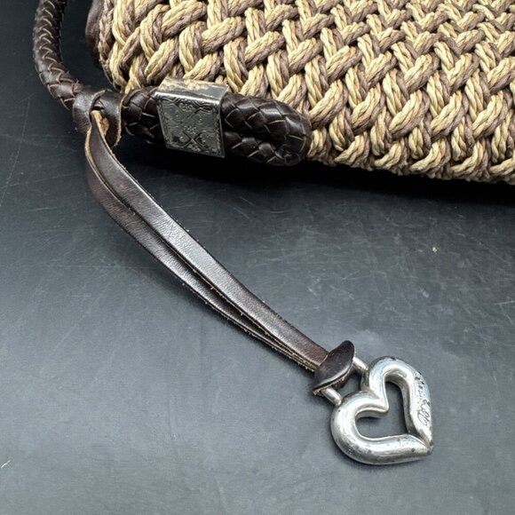 BRIGHTON Handbag Straw Crossbody Shoulder Purse Brown Leather Flower Lined Charm - Picture 4 of 16